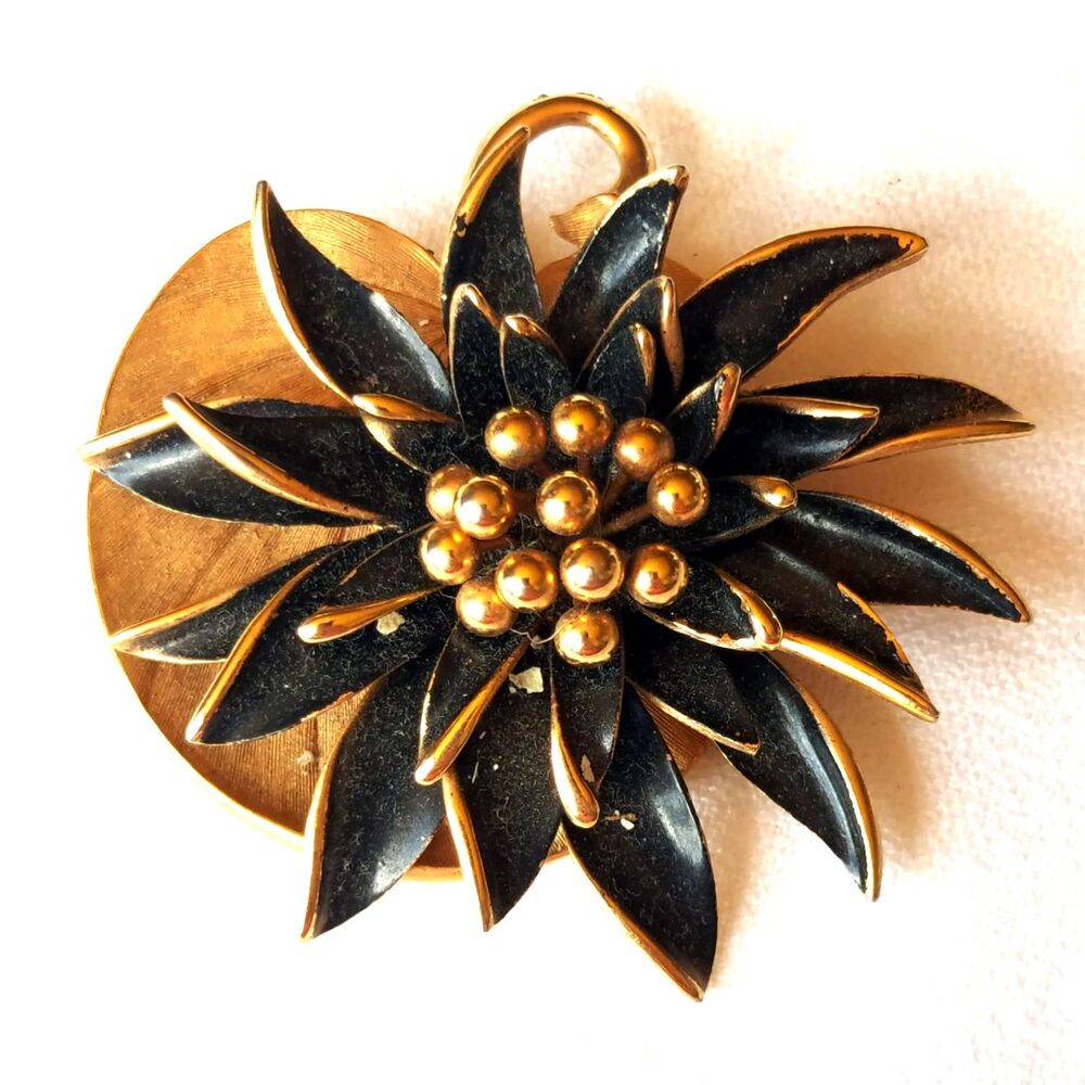 MARVELLA SIGNED FLOWER APPLE FIGURAL VNTG BROOCH GOLD TN BLACK ENAMEL 2.25" rare
